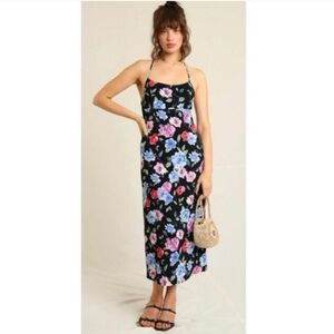 Rouje Annick Midi Dress Black Floral Sleeveless Tie Back